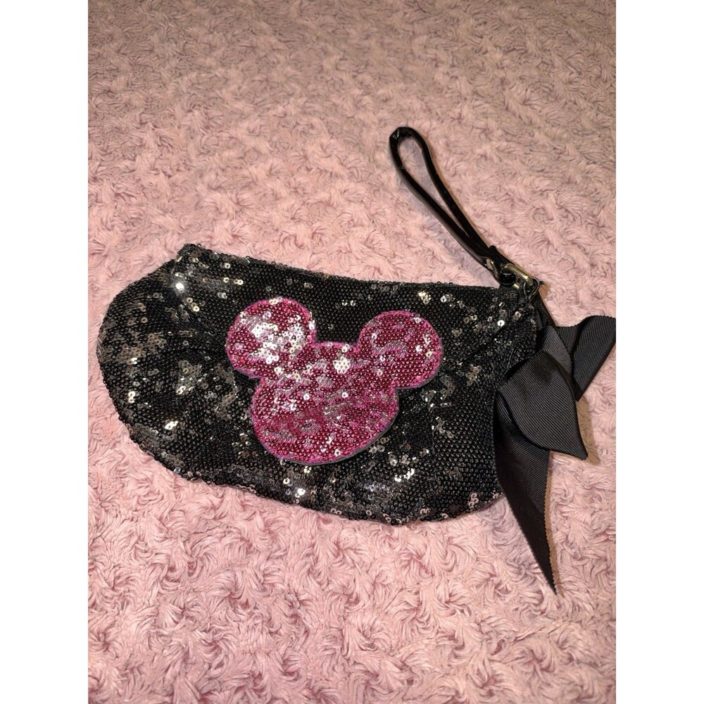 Disney Parks Black Pink Sequin Mickey Head Icon Wristlet Bag Purse clutch